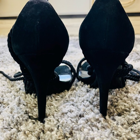Gucci Black Suede Platform Sandals Stiletto Heels GoldMetalToeSatin RopeBraided - Picture 3 of 4